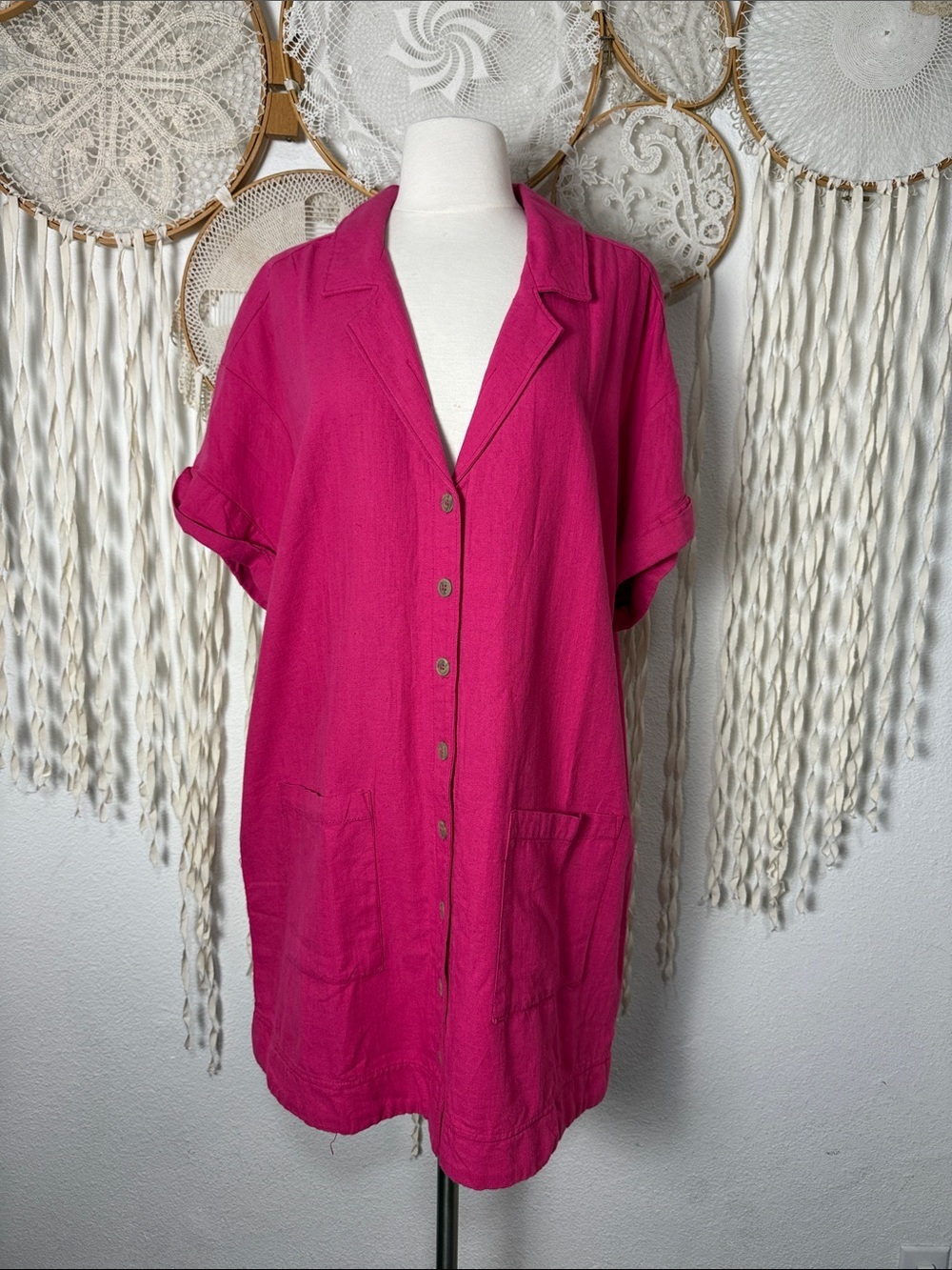 Anthropologie | Pilcro Hot Pink Linen Button Down Short Sleeve Mini Dress XL